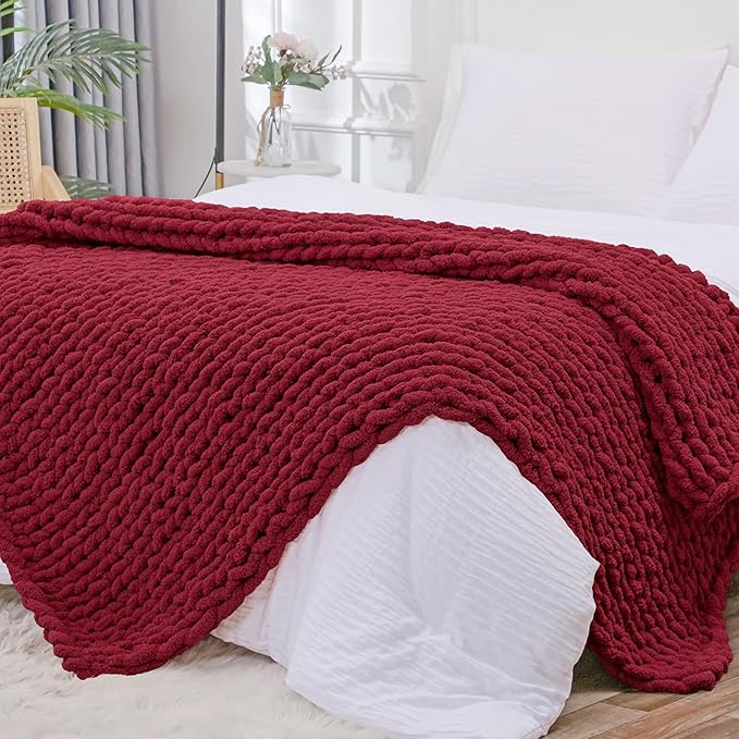 Bigacogo Chunky Knit Throw Blanket for Couch, 51x63 inches, 100% Hand Knitted with Thick Jumbo Chenille Yarn, Cozy Soft Large Rope Knot Cable Crochet Blankets for Sofa Bed Living Room, Red-Ruum Studio Home