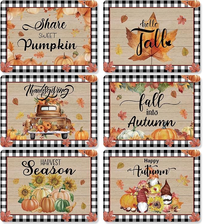 Fall Placemats Set of 6 Buffalo Plaid Thanksgiving Plastic Table Mats Autumn Vintage Maple Leaf Place Mats Pumpkins Truck Leaves Fall Table Decoration for Indoor Outdoor Party Kitchen Dining-Ruum Studio Home