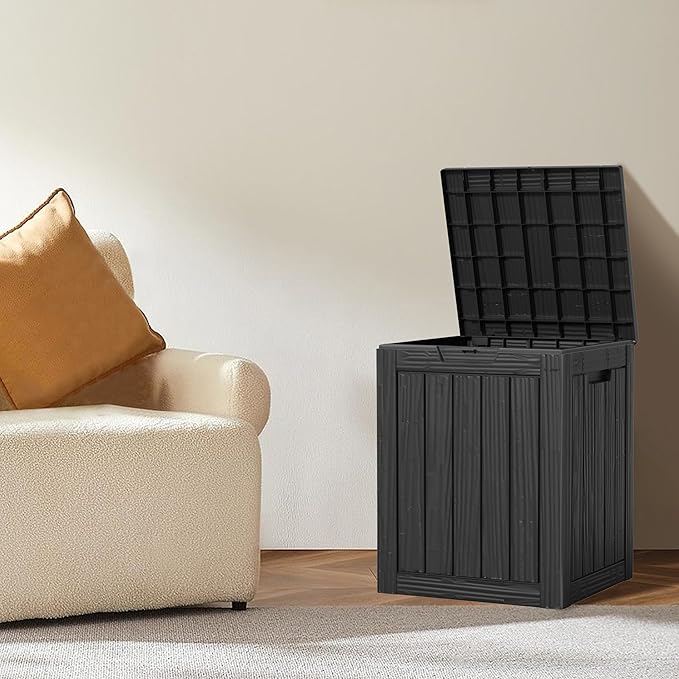 28 Gallon Double-Wall Resin Deck Box - Lockable Waterproof Outdoor Storage Box, 151lbs Capacity & Doubles as Seating for Patio Furniture - Garden Tools, Pool Accessories (Black)-Ruum Studio Home