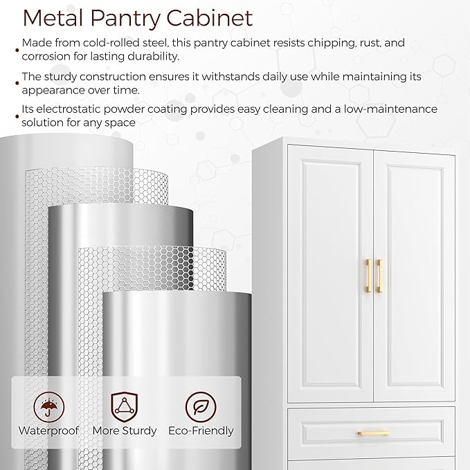 75" Kitchen Pantry Cabinet, Metal Storage Cabinets with Doors and Adjustable Shelves, White Tall Pantry Cabinet with 3 Drawers for Dinning Living Room-Ruum Studio Home