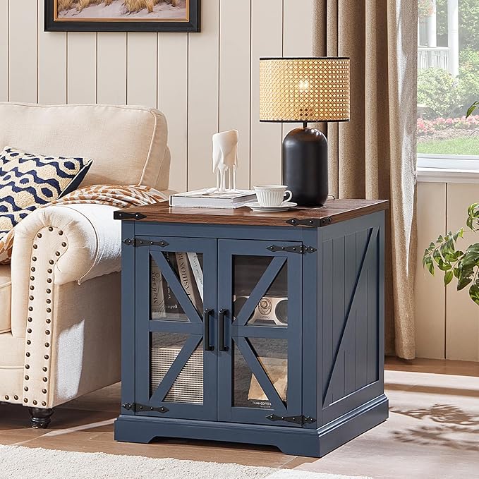 Farmhouse End Table Set of 2 with Charging Station, 24" Large Sofa Side Table with Glass Barn Door, Night Stand with Adjustable Shelf, Wood Nightstand, Square Bed Side Table for Living Room,Bedroom-Ruum Studio Home