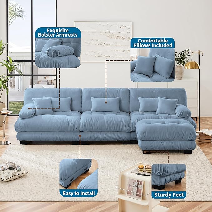 Modular Sectional Sofa, Comfy Cloud Couch 3 Seater Couch with Ottoman, Sectional Couches for Living Room, Modern Chenille L Shaped Couches, Sleeper Deep Seat Sofa with Throw Pillows, Blue-Ruum Studio Home