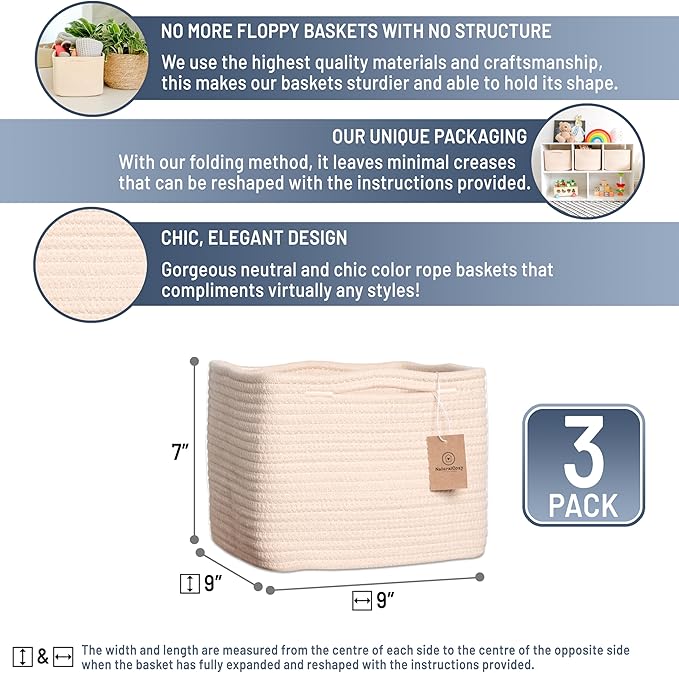 NaturalCozy Storage Cubes 9”x9”x7”Cotton Rope Woven Baskets for Organizing 3-Pack | 9 Inch Cube Storage Bin | Small Basket for Shelf Nursery, Pantry, Decorative Plant, Bathroom Closet, Toy Gift-Ruum Studio Home