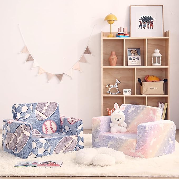 Toddler Chair Kids Couch, 2-in-1 Toddler Soft Sherpa Couch Fold Out Armchair with Removable Cover, Convertible Reading Chair Toddler Sofa for Kids, Glow in The Dark Purple Horse-Ruum Studio Home