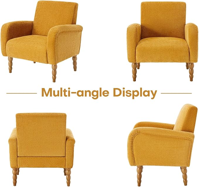 Chenille Fabric Accent Chair, Upholstered Armchair with Solid Wood Legs, Modern Living Room Accent Chair, Comfy Single Sofa Chair Reading Club Chair for Bedroom Reception Lounge, Yellow-Ruum Studio Home