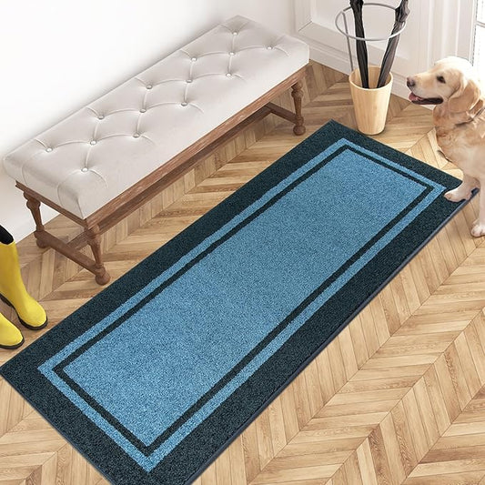 PURRUGS Dirt Trapping Door Mat 24" x 60", Non-Slip/Skid Machine Washable Entryway Rug, Shoes Scraper, Area Rug, Super Absorbent Welcome Mat for Muddy Wet Shoes and Paws, Light Blue & Navy-Ruum Studio Home