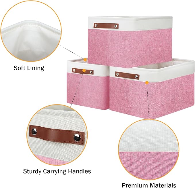 DULLEMELO Storage Baskets for Organizing, Shelves,Bedroom, Decorative Storage Bins with Faux Leather Handles, Fabric Storage Basket for Office, Toys(3-Pack, White&Pink)-Ruum Studio Home