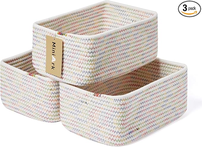 Small Storage Baskets for Organizing | Closet Organizer Bins | Shelf Toy Basket | Woven Rope Baskets | Cube Decorative Box | Shallow Basket | 11.5x7.5x4.7” | 3 Packs Rainbow-Ruum Studio Home