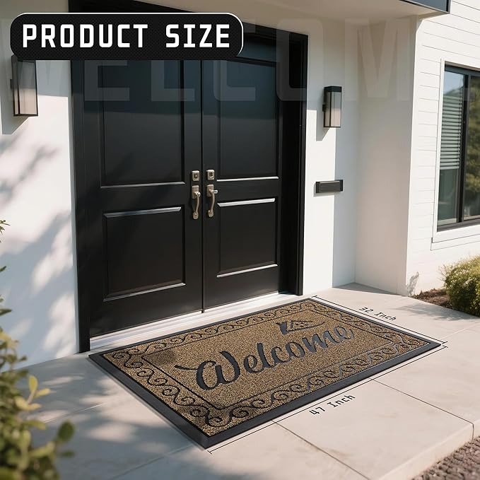 Yimobra Welcome Mat, Heavy Duty Sturdy Door Mats for Home Entrance Outdoor Indoor, Front Doormat for Outside Patio Floor Entry Porch Garage Office, Waterproof, Low Profile, 47X32 Inches, Beige Brown-Ruum Studio Home