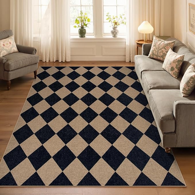 Lahome Checkered Easy Jute Outdoor Rug, 5x7 Area Rugs for Living Room Nature Large Dining Room Carpet, Farmhouse Outdoor Patio Non Slip Diamond Carpet for Home Office Bedroom Backyard Deck-Ruum Studio Home