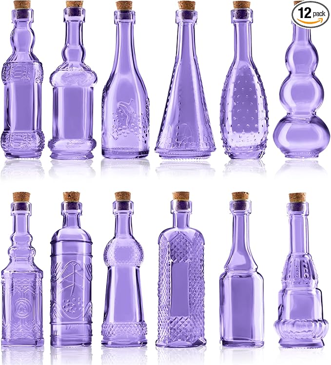 Small Mini Purple Vintage Glass Bottles with Corks, Mini Vases, Decorative Glass Bottle, Potion Bottles, Assorted Design Set of 12 pcs, 4.6 Inch Tall (11.43cm), 1.4 Inch Wide (3.56cm)-Ruum Studio Home