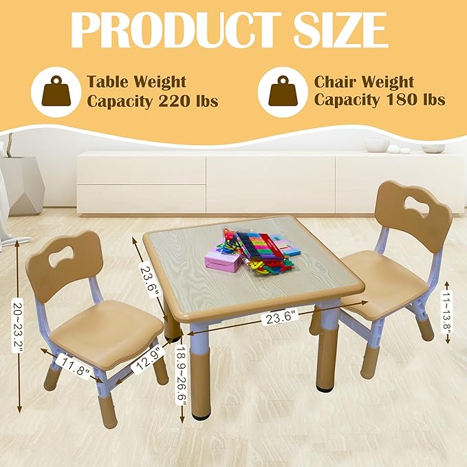 Kids Table and 2 Chairs Set with Graffiti Desktop, Toddler Furniture Set, Non-Slip Table Children Study Desk, Dining Table, Height Adjustable Desk, Painting Desktop for Kids (23.6x23.6Inch)-Ruum Studio Home