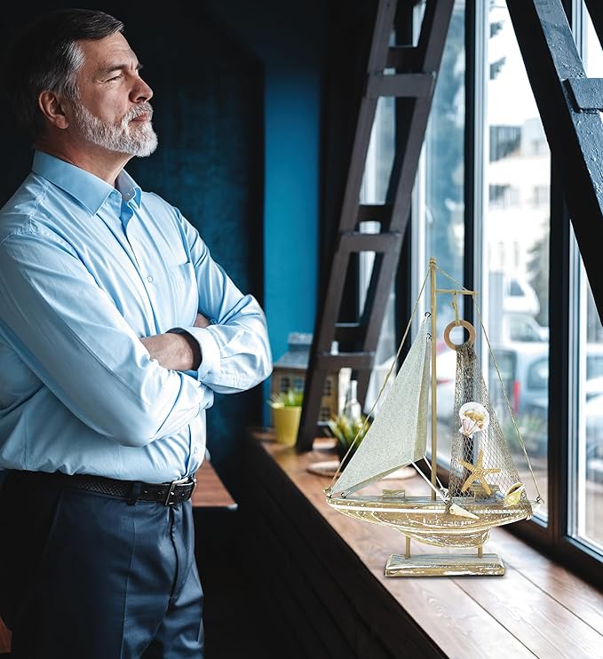 Puzzled Baja Haven Sailboat Decor - Handmade Beach Themed Wooden Boat Home Decor for Living Room Shelves, Tabletop, Desk, Cute Nautical Party Decorations - 14.5 Inches-Ruum Studio Home