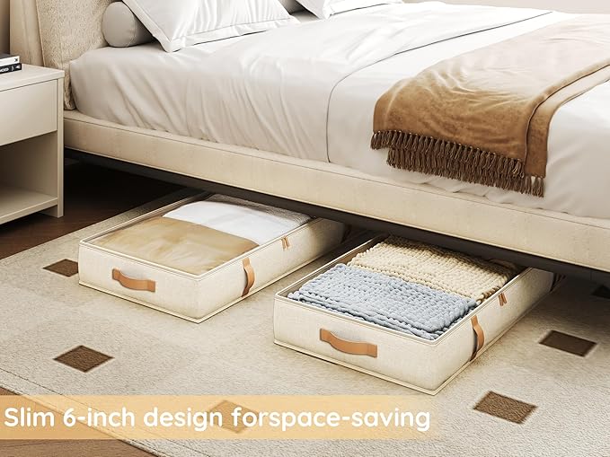 Vailando Under Bed Storage Containers, Foldable Storage Bins for Blankets, Comforter, and Seasonal Clothing, 6 Inches Tall, Beige with Brown Leather Handles, 2-Pack-Ruum Studio Home