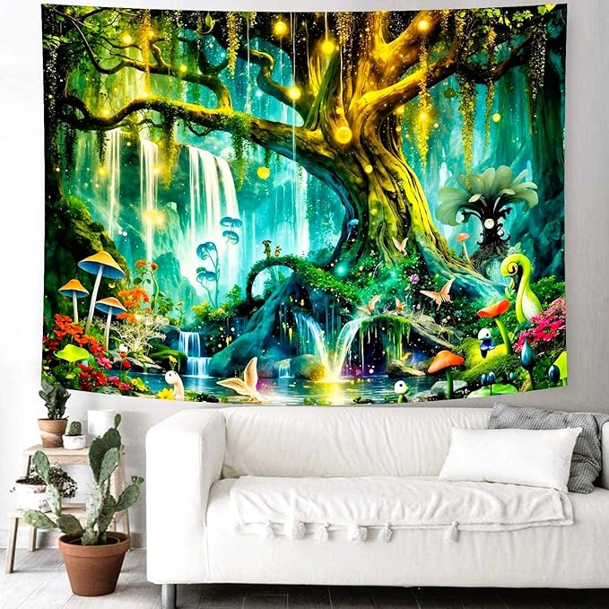 Delur Magical Forest Tapestry Fantasy Tree of Life Enchanted Fairy Tale Forest Tapestry Mystical Psychedelic Nature Landscape Wall Hanging Headboard for Bedroom Living Room Home Decor (70.8" x 92.5")-Ruum Studio Home