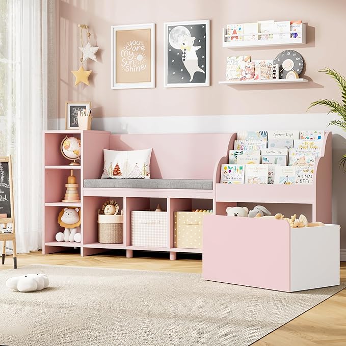HOSTACK 67" Kids Reading Nook with Bench, Kids Bookshelf and Bookcase with Seat Cushion and 6 Storage Cubbies, Toy Storage Box on Wheels, Toy Chest for Playroom, Bedroom, School, Pink-Ruum Studio Home