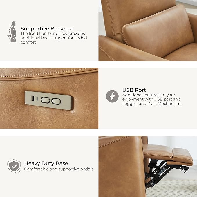 CHITA Power Recliner Chair Swivel Glider, FSC Certified Upholstered Faux Leather Living Room Nursery Reclining Sofa Chair with Lumbar Support, Cognac Brown-Ruum Studio Home