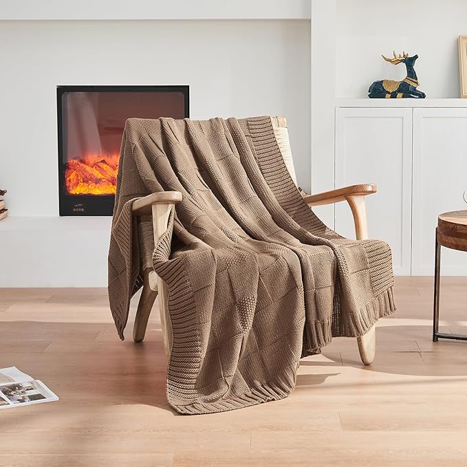 CozeCube Check Knit Throw Blanket, Light Brown Checkered Throw for Couch, Decorative Christmas Soft Cozy Warm Knitted Blanket for Bed Sofa Living Room, 60"X80"-Ruum Studio Home