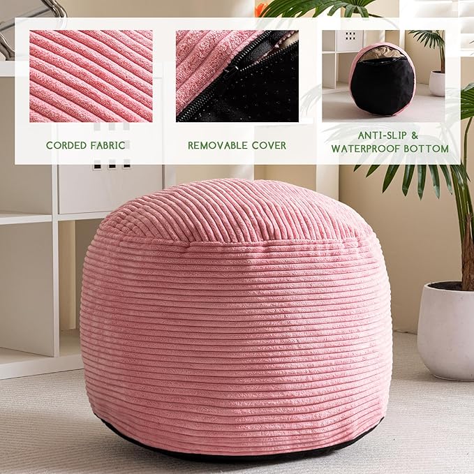 HIGOGOGO Round Stuffed Pouf Ottoman, Corduroy Poufs with Foam Chunk Filling, Furry and Fluffy Pouf Foot Stool Storage Ottoman, 26 X 18 Floor Poufs Foot Rest for Living Room, Pink-Ruum Studio Home