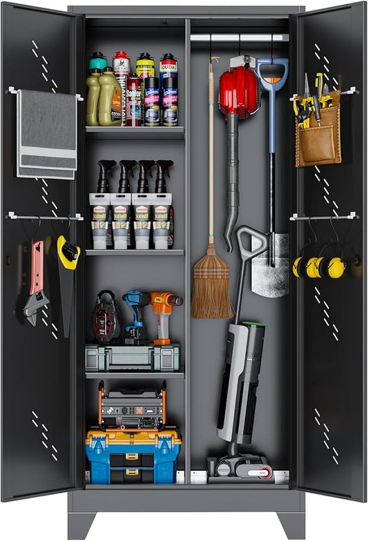 Metal Garage Storage Cabinet with Locking Doors, 71" Tall Broom Closet Storage Cabinet, Heavy Duty Garage Organization Cabinets, Steel Cabinet with Hanging Rod, Assembly Required-Ruum Studio Home