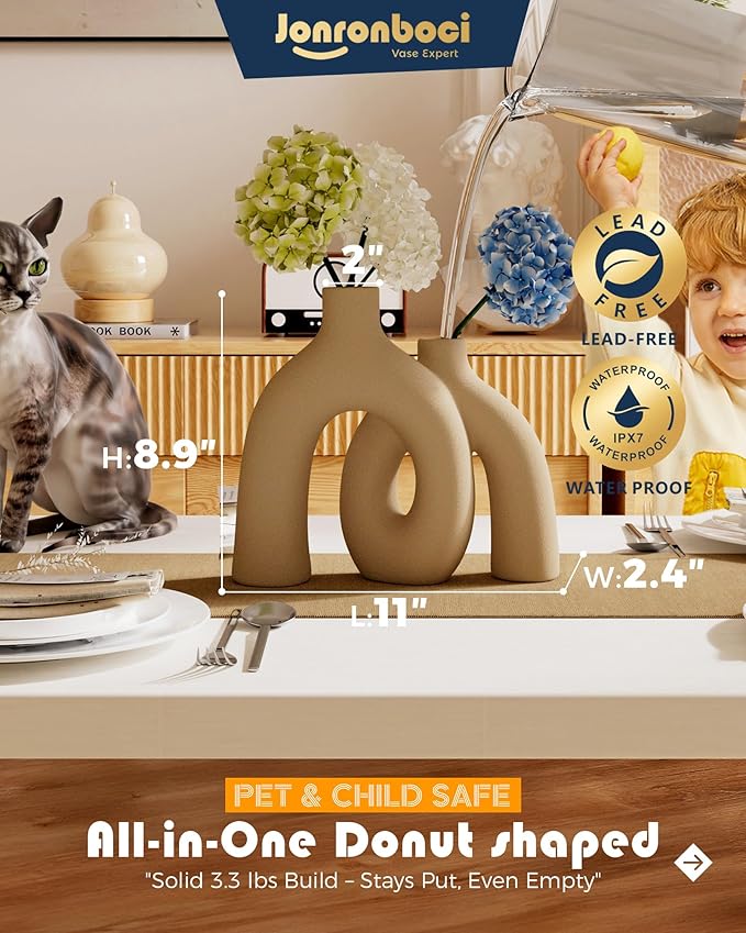 Hug Donut Decorative Vase Set - Tan Modern Rustic Farmhouse Style Vases Home Decor,Matte Ceramic Decorations for Living Room Shelf, Bookshelf Mantle Entryway Table Centerpiece or Console Décor(Brown)-Ruum Studio Home