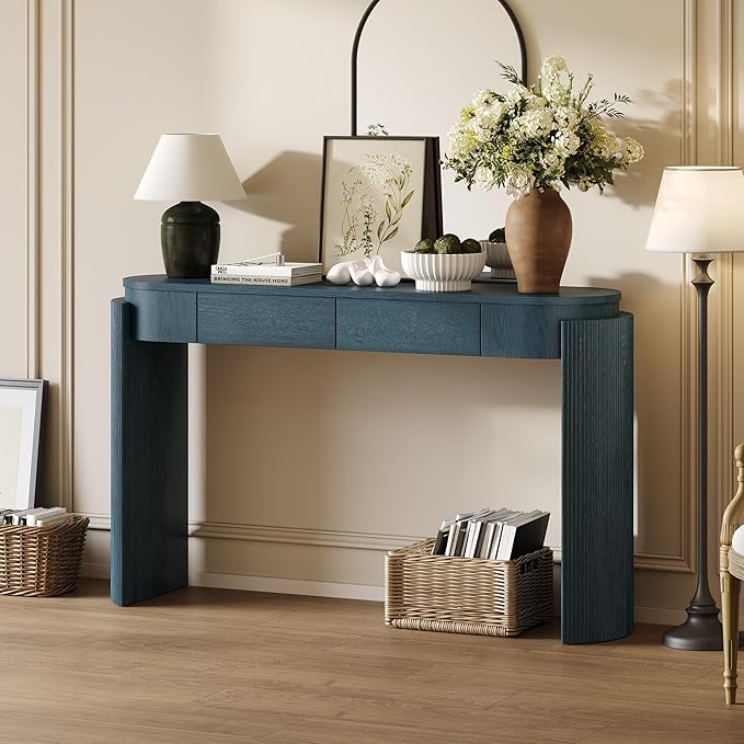 55" Sofa Table with Oval Top and 2 Drawers, Entryway Console Table with Fluted Design for Hallway,Foyer,Entry and Living Room (Fully Assembled-Navy)-Ruum Studio Home