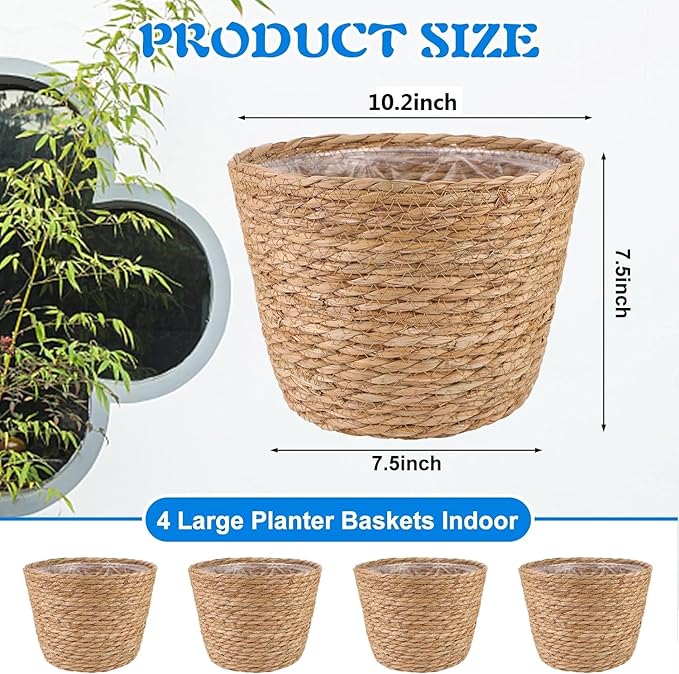 4 Pcs Large Premium Seagrass Planter Basket with Plastic Lining Natural Stylish Planter Baskets Indoor Outdoor Plants Woven Wicker Baskets for Plants Flower Pots Cover and Room Decor(10.2x7.5x7.5")-Ruum Studio Home