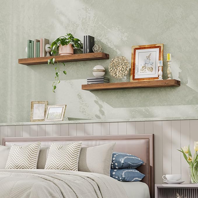 HOOBRO Floating Shelves for Wall, Wall Mounted Shelf Set of 2, 47.2" Hanging Shelf with Invisible Brackets, for Wall Bathroom, Bedroom, Toilet, Kitchen, Living Room, Office, Rustic Brown BF120BJP201-Ruum Studio Home