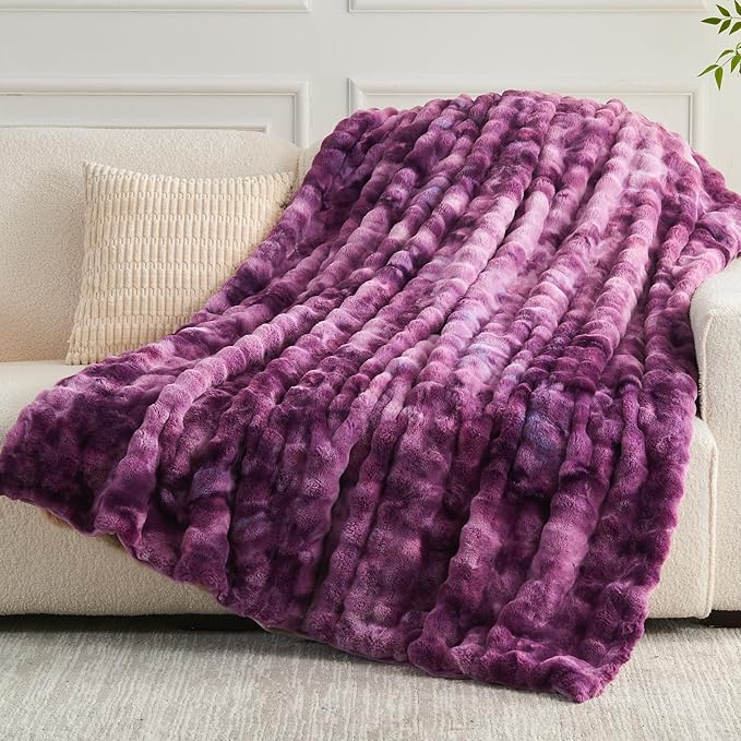 NEWCOSPLAY Faux Fur Throw Blanket Tie-dye Violet Purple Luxury Fluffy Thick Warm Bubble Blanket for Couch Sofa Bed 700GSM (Tie-dye Violet Purple, Throw(50"x60"))-Ruum Studio Home