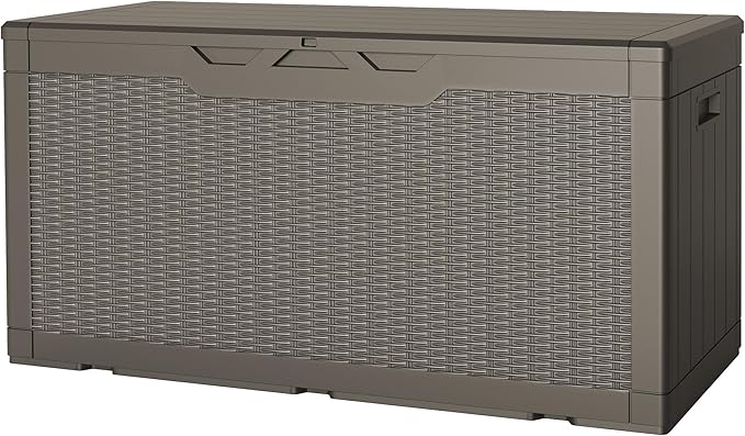 JUMMICO 100 Gallon Resin Deck Box, Waterproof Outdoor Storage Box with Lockable Lid for Garden Tools, Patio Cushions (Light Brown)-Ruum Studio Home