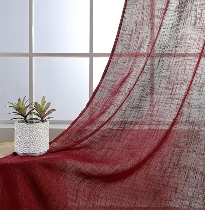 MIUCO Semi Sheer Curtains Poly Linen Textured Solid Grommet Curtains 95 Inches Long for Window Treatment 2 Panels (2 x 37 Wide x 95" Long) Burgundy-Ruum Studio Home
