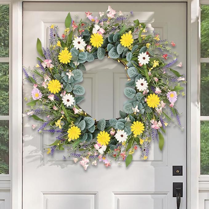 Artgar Spring Wreaths for Front Door, 24 Inch Daisy Wreath, Artificial Spring Summer Wreath with Eucalyptus Leaves Paper Flowers for Indoor Outdoor Home Door Window Wall Wedding Decor-Ruum Studio Home
