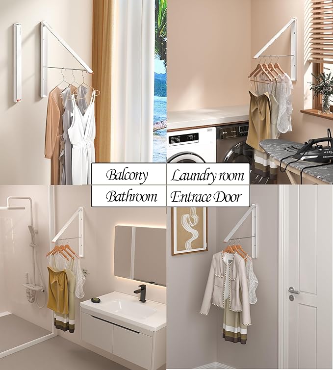 Dr.DJ Clothes Drying Rack Wall Mounted, Retractable & Foldable Clothes Hanger for Laundry Room Organization and Storage, Clothes Hanger Rack for Dorm, Closet, Balcony, Laundry Room(1P, Metal, White)-Ruum Studio Home