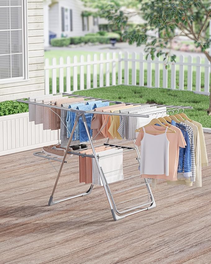 Clothes Drying Rack - Foldable Laundry Drying Rack for Clothing & Bedding, Easy-to-Assemble, Space-Saving Metal Airer with Non-Slip Feet, Indoor & Outdoor Use, 55.5"×22.8"×36.6", Gray-Ruum Studio Home