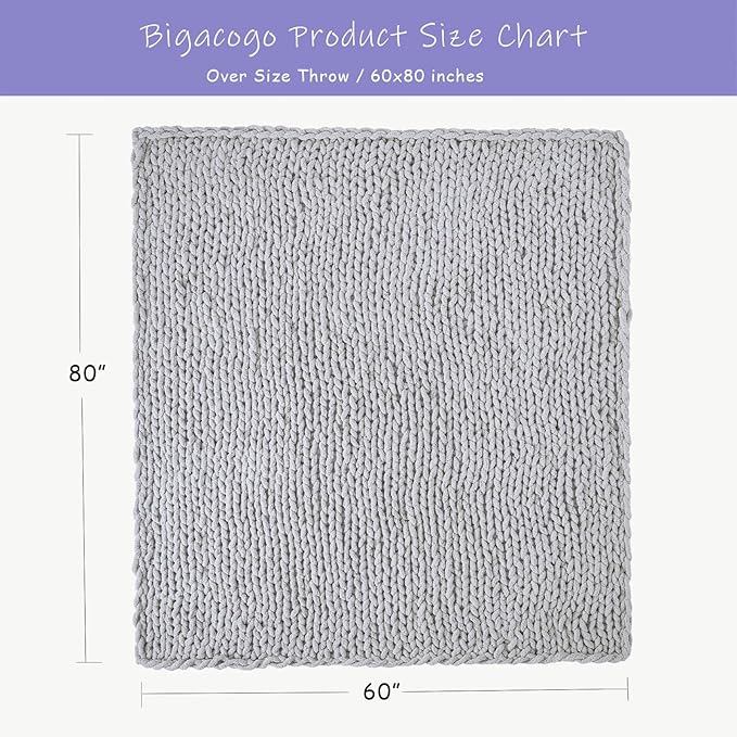 Bigacogo Chunky Knit Throw Blanket for Couch, 60x80 inches, 100% Hand Knitted with Thick Jumbo Chenille Yarn, Cozy Soft Large Rope Knot Cable Crochet Blankets for Sofa Bed Living Room, Light Grey-Ruum Studio Home