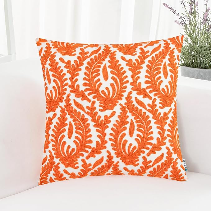 HWY 50 Orange Fall Decorative Throw Pillow Covers 18x18 Inch (1 Piece), Embroidered Cotton Farmhouse Cushion Cover Pillow Case for Sofa Couch Living Room Bed Bedroon, Floral Branches-Ruum Studio Home