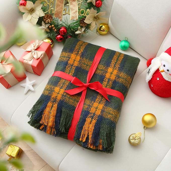 ZonLi Green Plaid Throw Blanket for Couch, Fall Plaid Blanket for Home Decor, Soft Lightweight Cozy All Season Decorative Vintage Blankets with Tassel for Bed and Sofa, 50'' x 60''-Ruum Studio Home