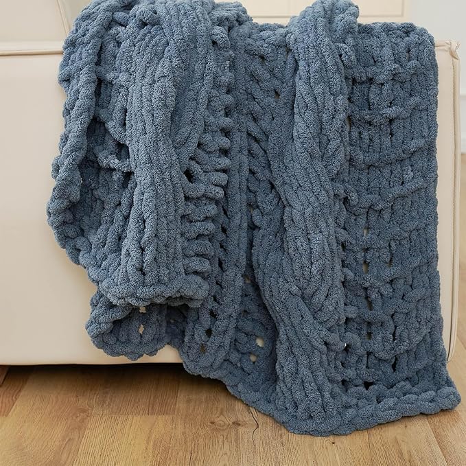Esterra Chunky Knit Blanket Throw 50"x60", 100% Hand Knitted Chenille Throw Blanket, Cozy Soft Thick Cable Knit Throw Large Rope Knot Crochet Throw Blanket for Sofa Couch Bed, Blue Mirage-Ruum Studio Home