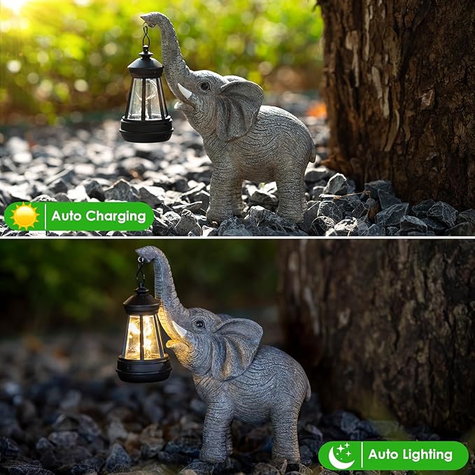 Solar Garden Statue Lights Elephants Figurine with Solar Lantern, Outdoor Yard Decorations for Patio Porch Home, Christmas Elephant Gifts for Women - Unique Housewarming Gifts-Ruum Studio Home
