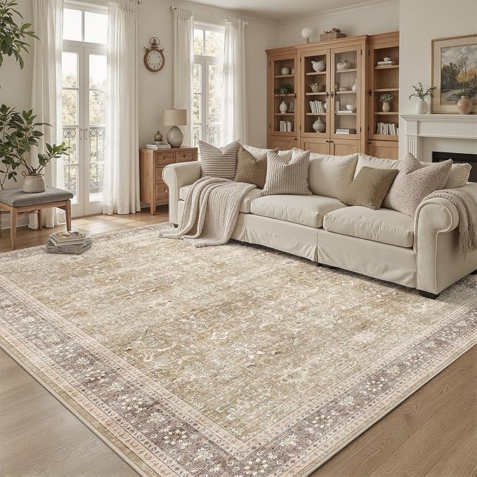 DCX Machine Washable Brown and Beige Area Rug 5x7, Non Slip Stain Resistant Vintage Rug for Living Room Diningroom Bedroom Nursery, Soft Low Pile Large Carpet-Ruum Studio Home