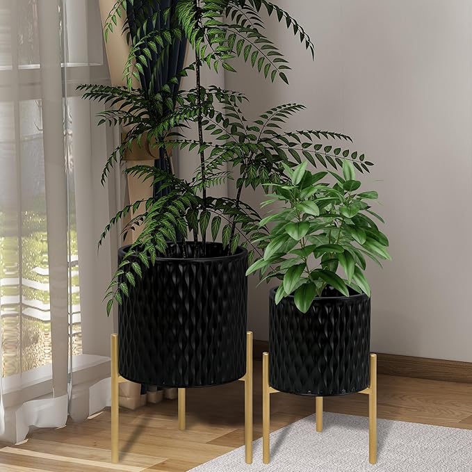 ARNIS Plants Pots with Stand, Set of 2 Planters, Unique Mid Century Decorative Metal Flower Pots with Drainage, 8.25 & 10.5 Inch, Black-Ruum Studio Home