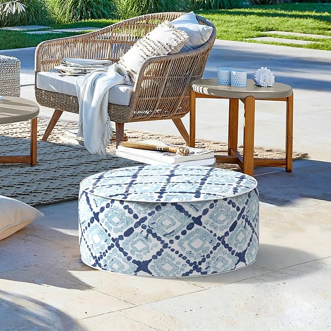 LVTXIII Inflatable Stool Ottoman Footrest with Handle, Decorative Fade-Resistant Foot Stool, Indoor or Outdoor Pouf for Home Garden and Camping Use, 21x21x9, Boho Geometry Blue-Ruum Studio Home