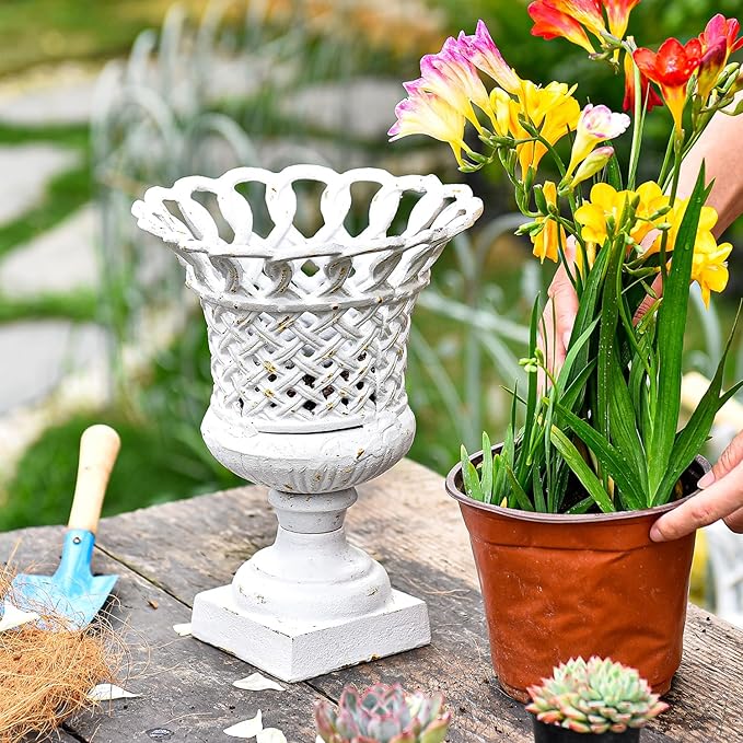 Sungmor Heavy Duty Cast Iron Urn Planter, Beautiful Hollow Trophy Design Tall Orchid Flower Pot, Large Decorative Plastic Flowers Plants Bouquets Vase, Rustic French Country Pot for Home or Garden-Ruum Studio Home