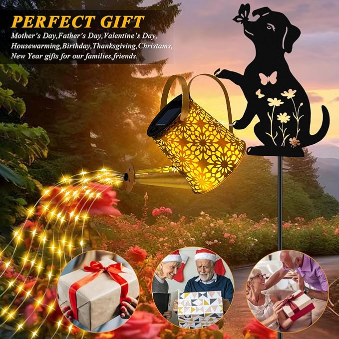 Solar Lights Outdoor Decorative, Watering Can with Cascading Lights, with Dog Silhouette Garden Stakes, Waterproof Metal Garden Decor for Yard Art, Outside, Patio, Lawn Ornaments(1 Pack)-Ruum Studio Home