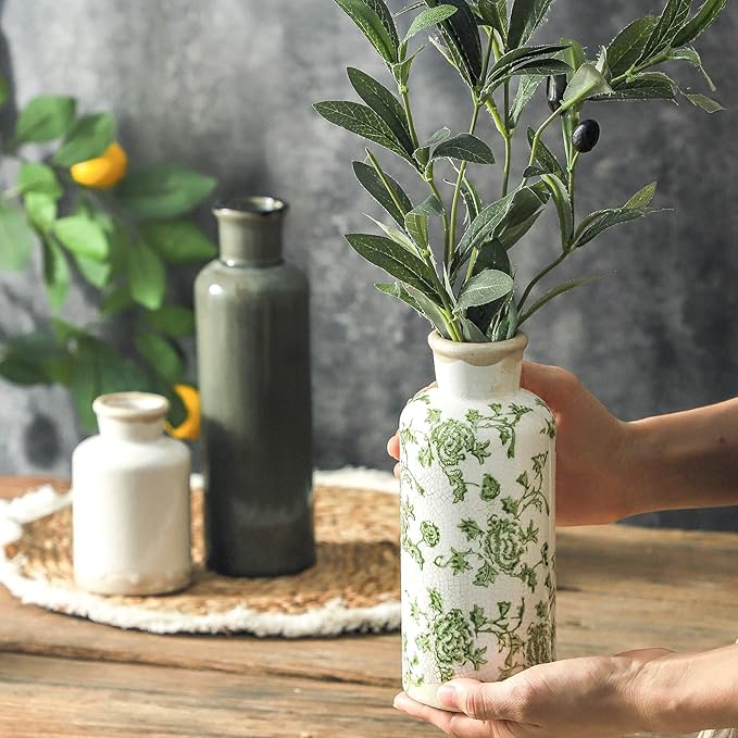 Vintage Vase Set of 3, Ceramic Vintage Flower Vases, Chinoiserie Decorative Home Decor Retro Floral Vase Rustic Farmhouse Decor for Table Bookshelf Mantel Kitchen Living Room Office - Green and Beige-Ruum Studio Home