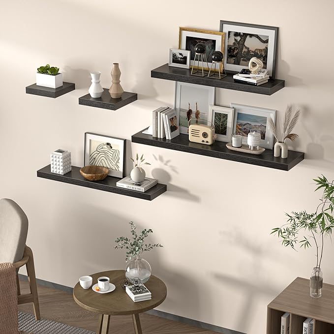 Floating Shelves for Wall, 48" W x 9.3" D x 1.5" H, Wooden Wall Mounted Display Shelves with Invisible Brackets for Living Room, Bedroom, Bathroom, Kitchen Decor and Storage, Set of 1, Black-Ruum Studio Home