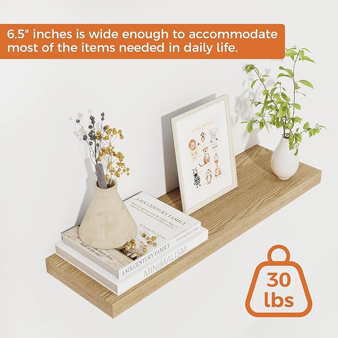 Fun Memories Floating Shelves for Wall, 22.5" Rustic Wood Deep Wall Mounted Shelves with Invisible Brackets for Decor & Storage, Floating Shelf for Living Room, Bathroom (Oak, Set of 2)-Ruum Studio Home