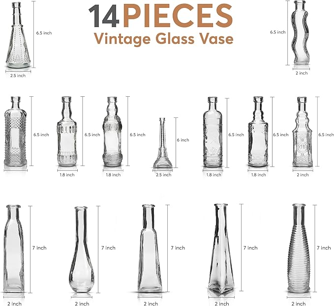 Small Vintage Glass Bottles with Corks, Mini Vases, Decorative Glass Bottle, Potion Bottles, Assorted Design - Set of 14 assorted design 5oz 6.5-7 inch tall 1.8-2.inch wide.-Ruum Studio Home
