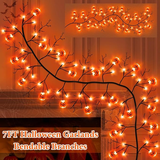 7 Ft 63 LED Halloween Decorations Willow Vine Twig Garland with 8 Modes Timer 21 Pumpkin Orange Lights, Halloween Garland with Waterproof Battery Operated for Indoor Wall Fireplace Decorations-Ruum Studio Home