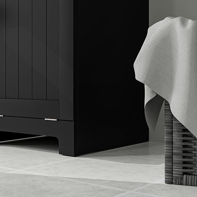 HOMCOM Laundry Hamper with Removable Basket, Tilt Out Hamper with Drawer and Beadboard Door, Bathroom Storage Cabinet, Black-Ruum Studio Home